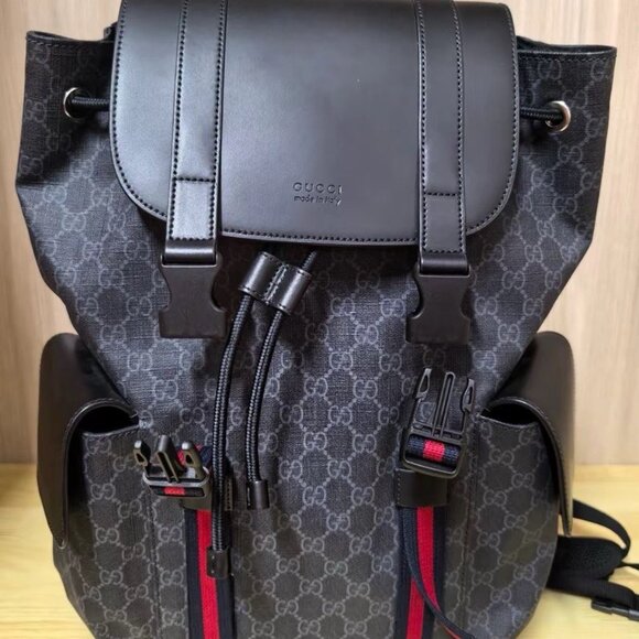 GUCCI Gucci Monogram Logo Stripe Backpack Men's Black and Gray - Picture 1 of 9